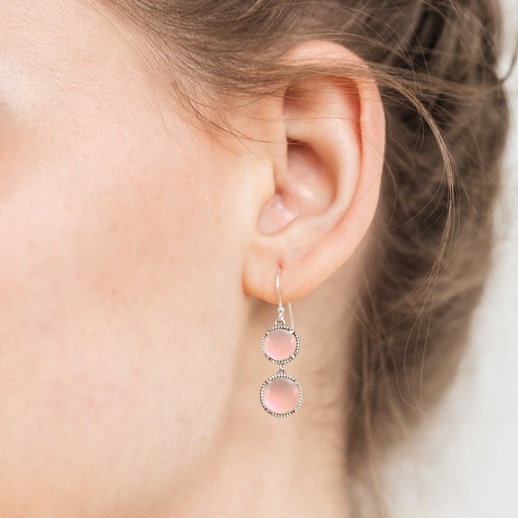 Recycled Antique Pink Depression Glass Sterling Silver Double Take Earrings - Picture 3 of 5